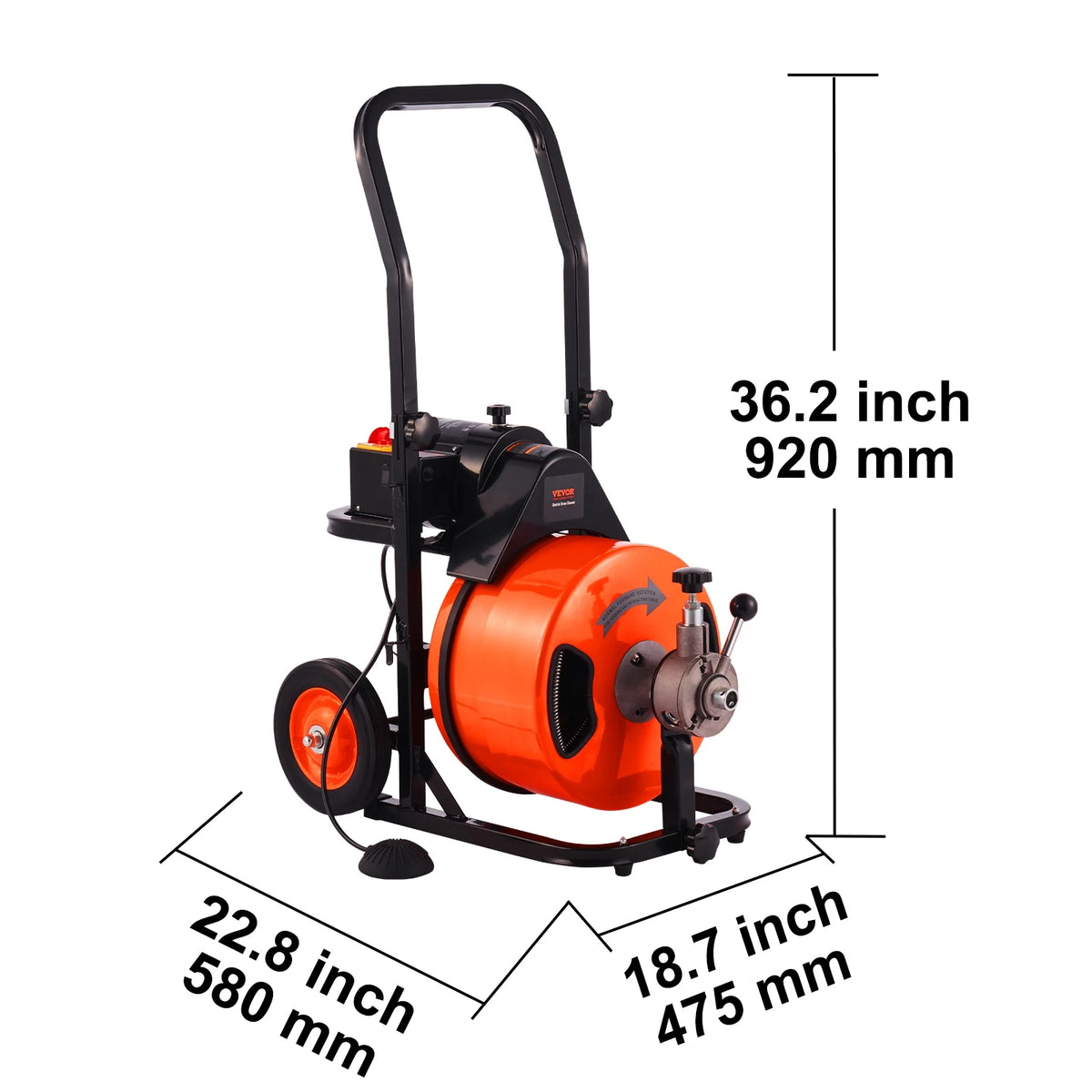 Déboucheur de canalisations VEVOR 30,5 m x 1/2 pouce, furet de canalisation à alimentation automatique avec 4 fraises et pédale de commande à air pour 1 à 4 tuyaux, orange, noir
