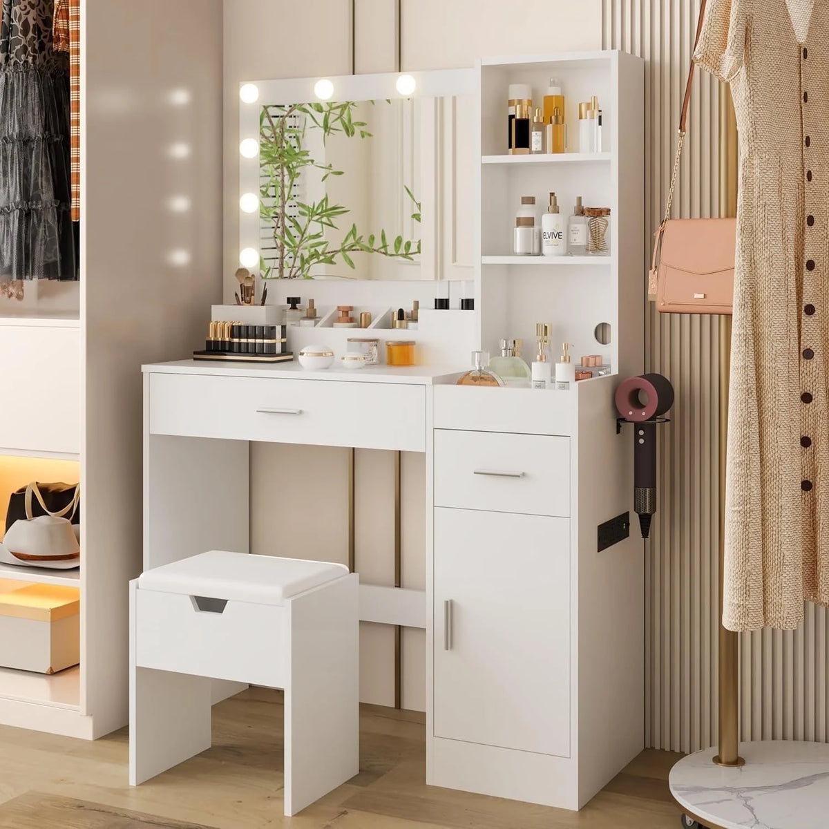 Ensemble coiffeuse avec miroirs et éclairage réglable, coiffeuse avec prise électrique pour chambre ou dressing, blanc