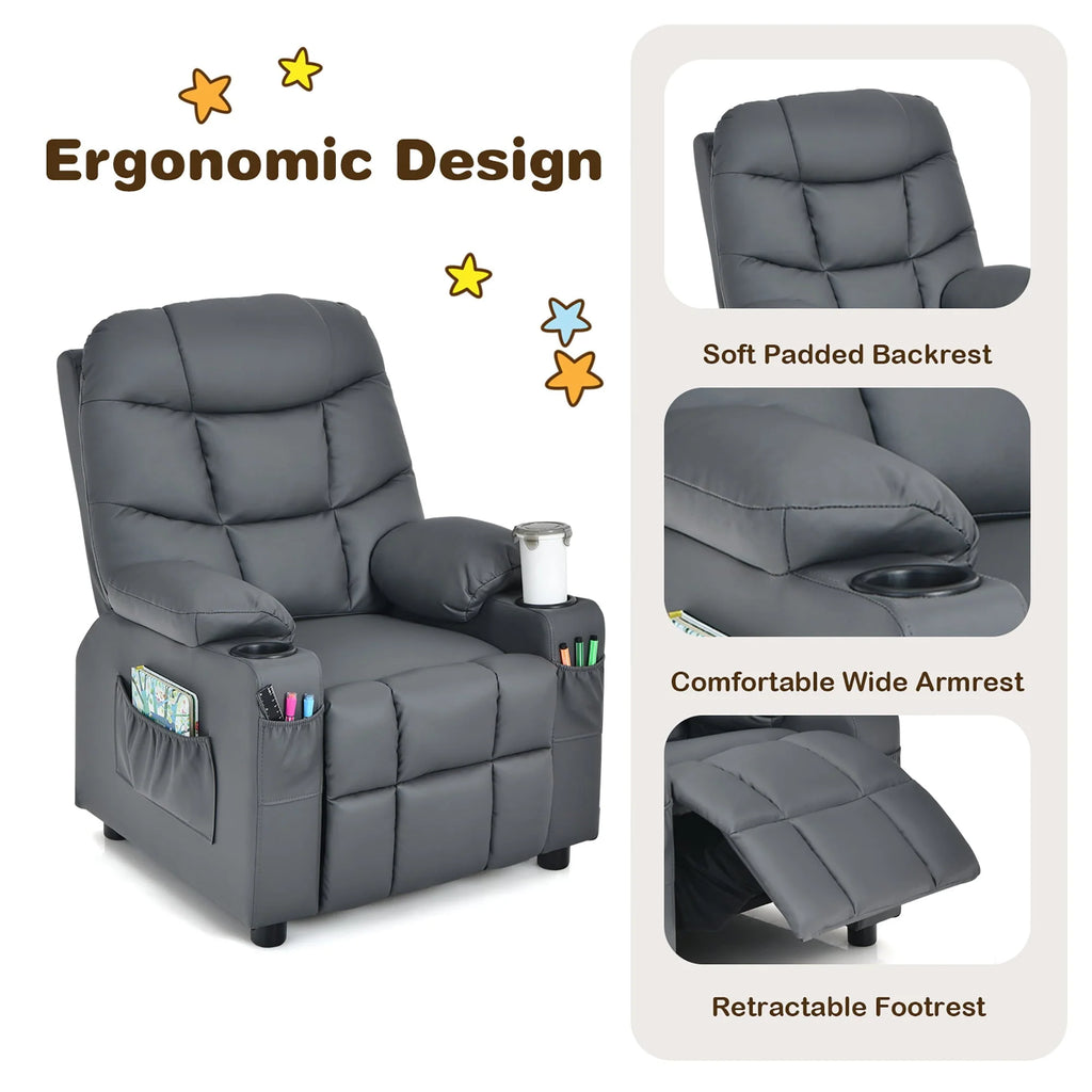 Fauteuil inclinable pour enfant et adolescent Costway en similicuir PU avec porte-gobelets et poches latérales, gris