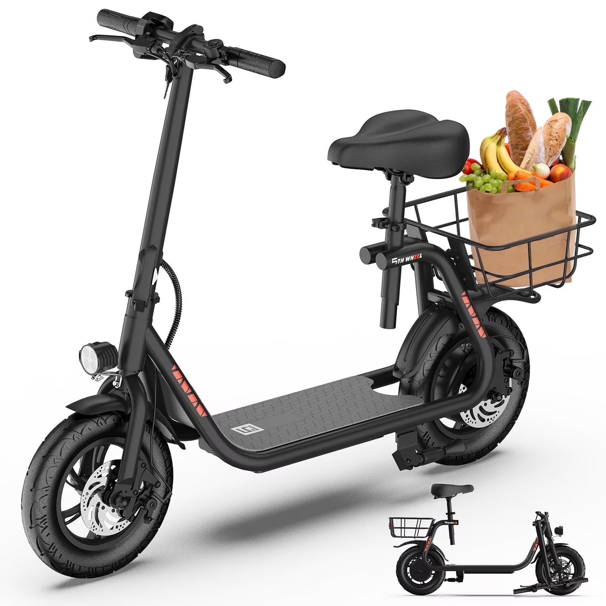 Trottinette électrique 5TH WHEEL W18S 450W pour adultes avec siège et panier de transport, 36V, 20 miles d'autonomie et 15,5 mi/h, trottinette pliable 12 pour les trajets quotidiens