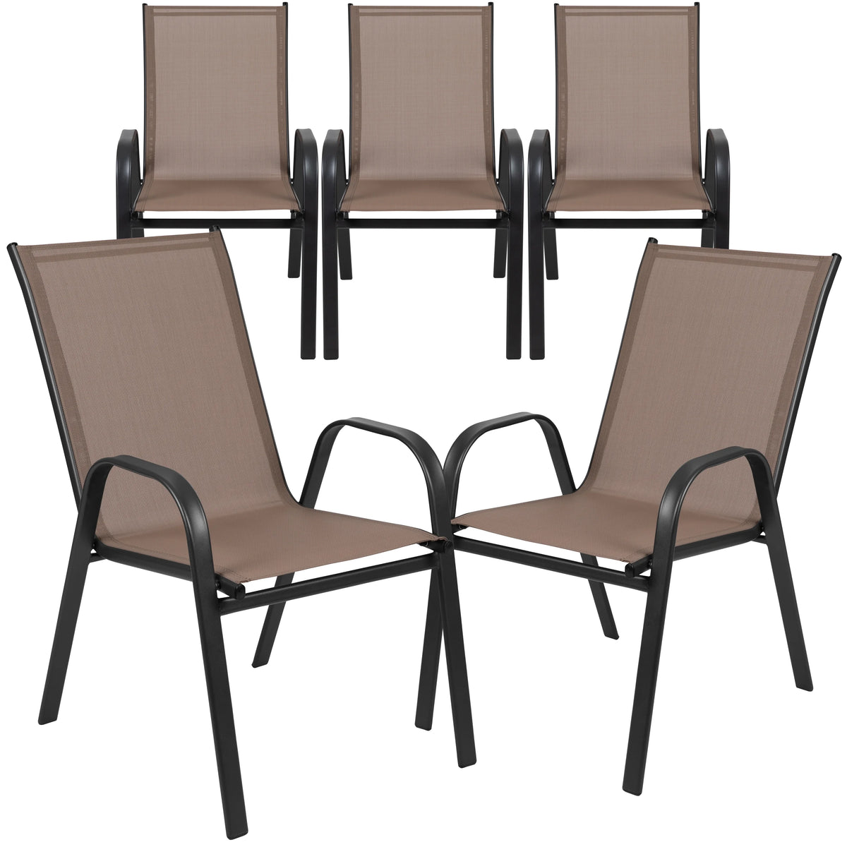 Lot de 5 chaises d’extérieur empilables BizChair noires avec matériau Flex Comfort et structure en métal