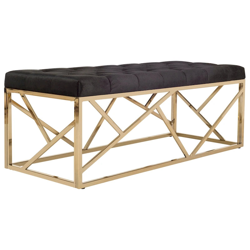 Banc rectangulaire capitonné Nolie noir/doré - 48,5 x 20,3 x 18 - 49Lx20Px18H