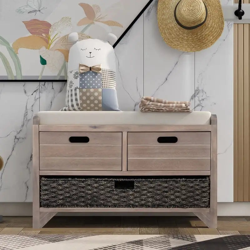 Retro Framhouse Style Entry Storage Shoe Bench with Padded Cushion, 2 Drawers and Removable Basket