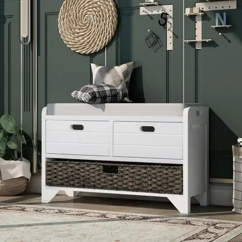 Retro Framhouse Style Entry Storage Shoe Bench with Padded Cushion, 2 Drawers and Removable Basket