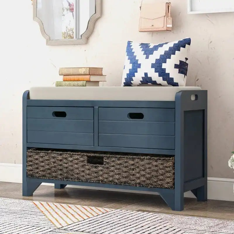 Retro Framhouse Style Entry Storage Shoe Bench with Padded Cushion, 2 Drawers and Removable Basket