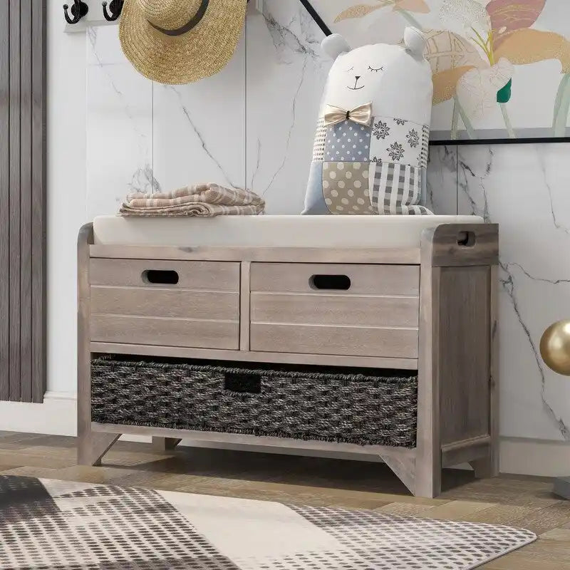 Retro Framhouse Style Entry Storage Shoe Bench with Padded Cushion, 2 Drawers and Removable Basket