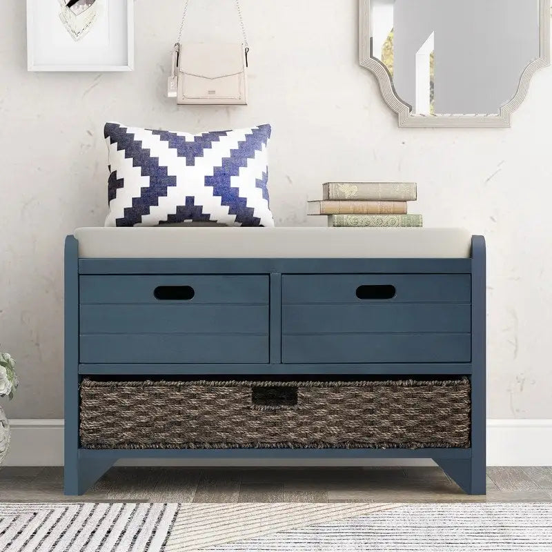 Retro Framhouse Style Entry Storage Shoe Bench with Padded Cushion, 2 Drawers and Removable Basket