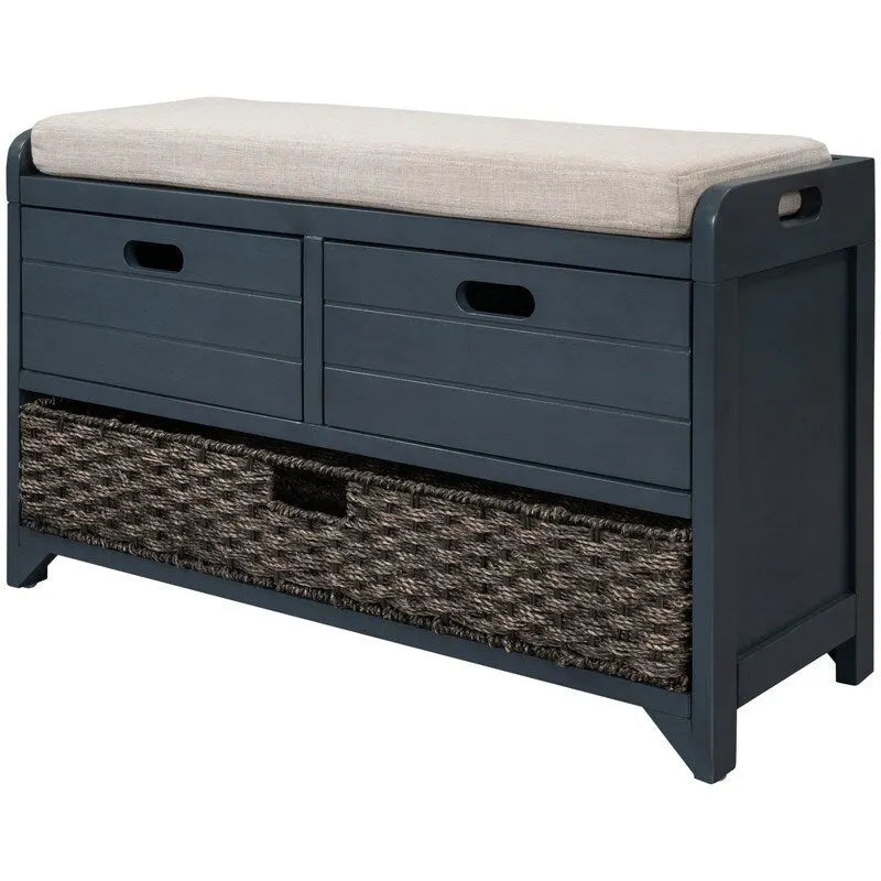 Banc à chaussures de style ferme rétro avec coussin rembourré, 2 tiroirs et panier amovible