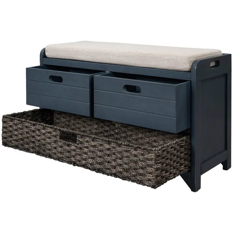 Banc à chaussures de style ferme rétro avec coussin rembourré, 2 tiroirs et panier amovible
