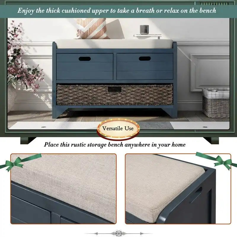 Banc à chaussures de style ferme rétro avec coussin rembourré, 2 tiroirs et panier amovible