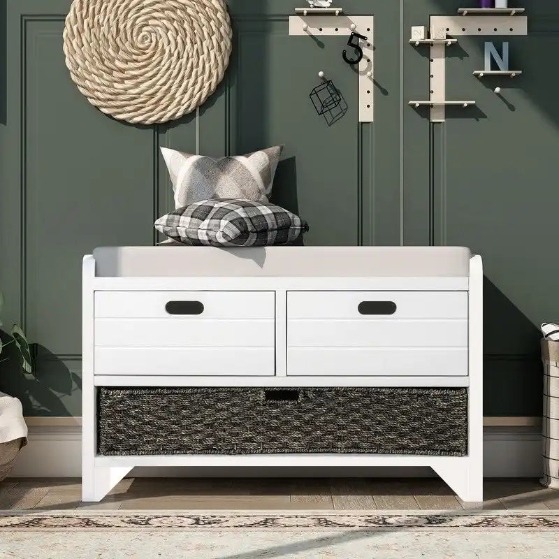 Banc à chaussures de style ferme rétro avec coussin rembourré, 2 tiroirs et panier amovible