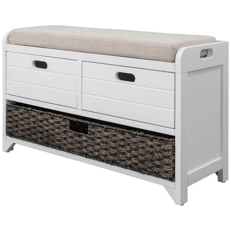 Banc à chaussures de style ferme rétro avec coussin rembourré, 2 tiroirs et panier amovible