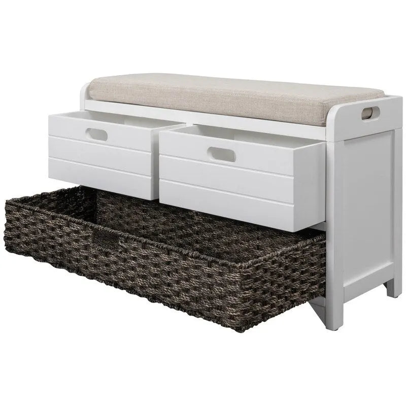 Banc à chaussures de style ferme rétro avec coussin rembourré, 2 tiroirs et panier amovible