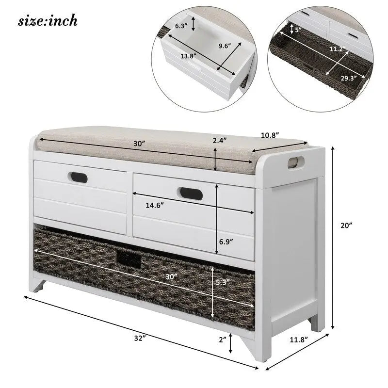 Banc à chaussures de style ferme rétro avec coussin rembourré, 2 tiroirs et panier amovible