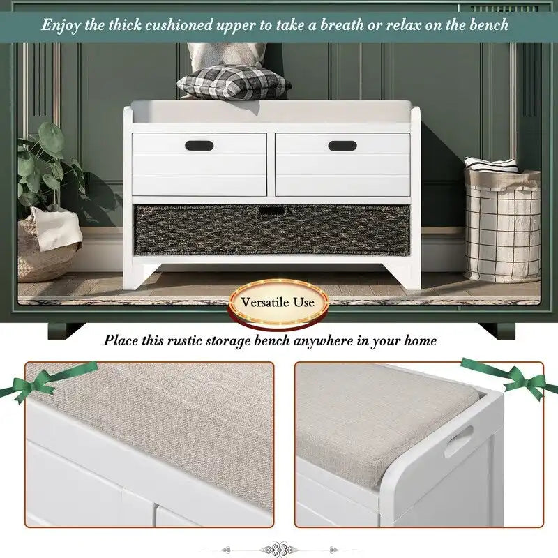 Banc à chaussures de style ferme rétro avec coussin rembourré, 2 tiroirs et panier amovible