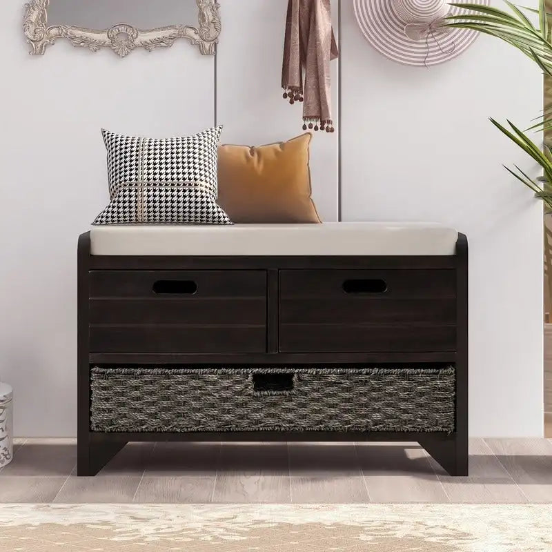 Banc à chaussures de style ferme rétro avec coussin rembourré, 2 tiroirs et panier amovible