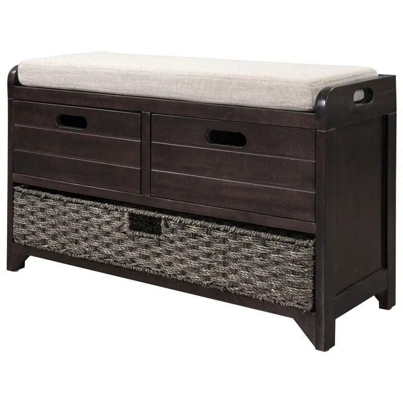 Banc à chaussures de style ferme rétro avec coussin rembourré, 2 tiroirs et panier amovible