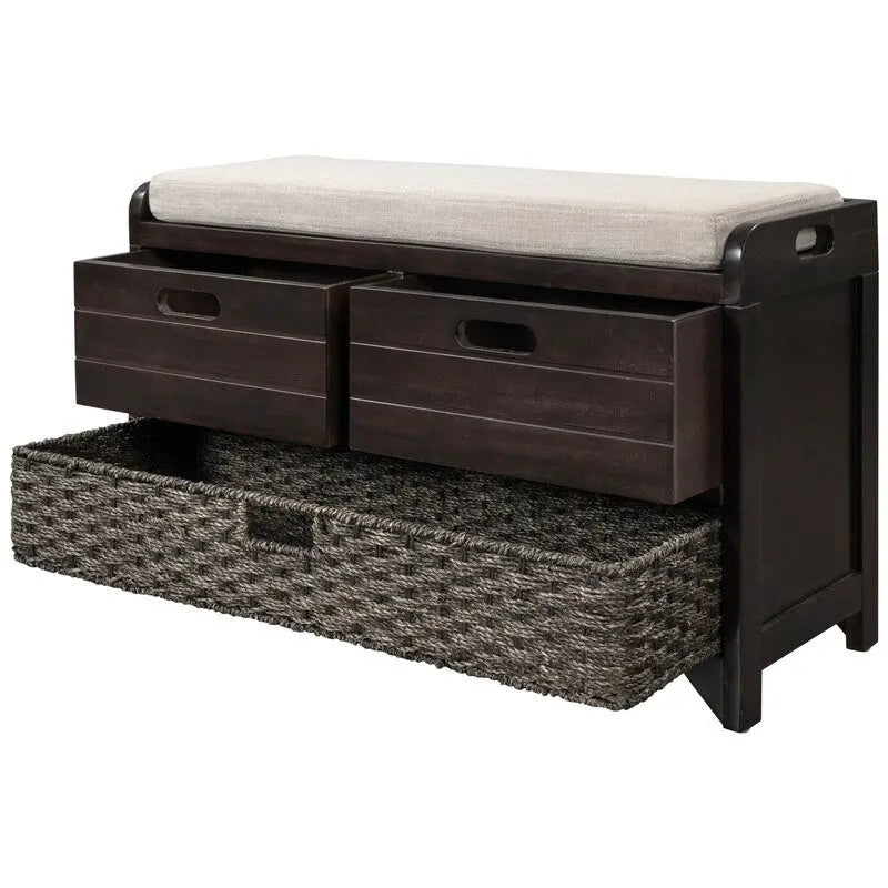 Banc à chaussures de style ferme rétro avec coussin rembourré, 2 tiroirs et panier amovible