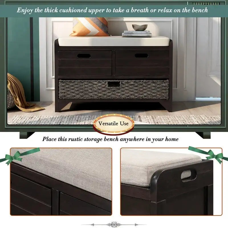 Banc à chaussures de style ferme rétro avec coussin rembourré, 2 tiroirs et panier amovible