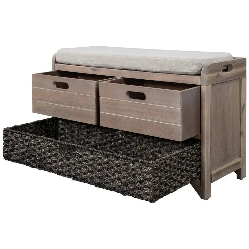 Banc à chaussures de style ferme rétro avec coussin rembourré, 2 tiroirs et panier amovible