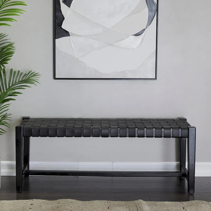 Leather Handmade Woven Seat Bench - Black - 18Wx47Lx17H
