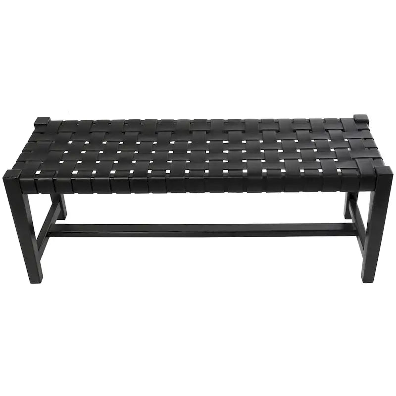Leather Handmade Woven Seat Bench - Black - 18Wx47Lx17H