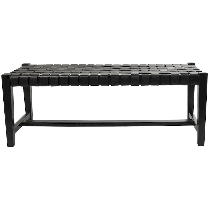 Leather Handmade Woven Seat Bench - Black - 18Wx47Lx17H