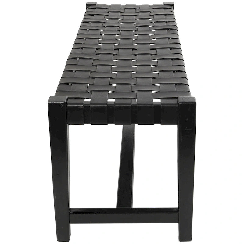 Leather Handmade Woven Seat Bench - Black - 18Wx47Lx17H