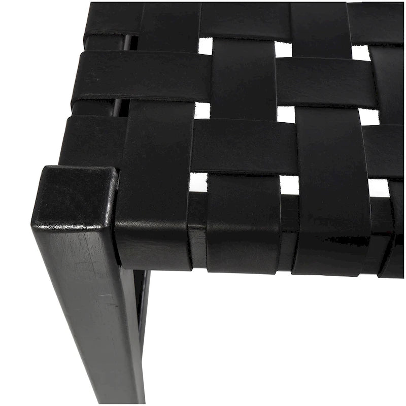 Leather Handmade Woven Seat Bench - Black - 18Wx47Lx17H