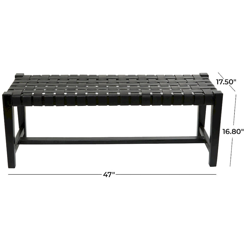 Leather Handmade Woven Seat Bench - Black - 18Wx47Lx17H