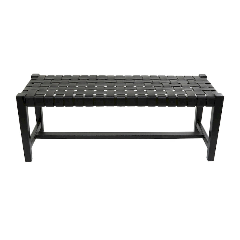 Leather Handmade Woven Seat Bench - Black - 18Wx47Lx17H
