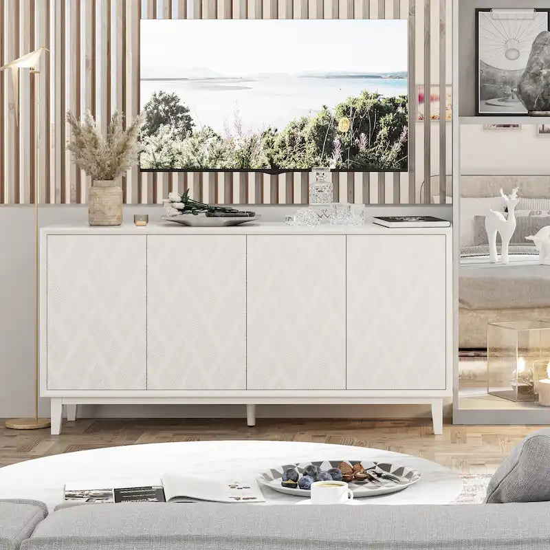 Modern 4 Doors Cabinet with 3D Curved Motif and Push Latch, TV Stand, Sideboard Buffet Cabinet