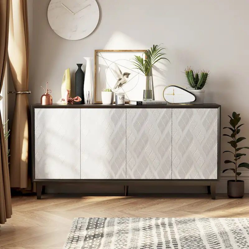 Modern 4 Doors Cabinet with 3D Curved Motif and Push Latch, TV Stand, Sideboard Buffet Cabinet