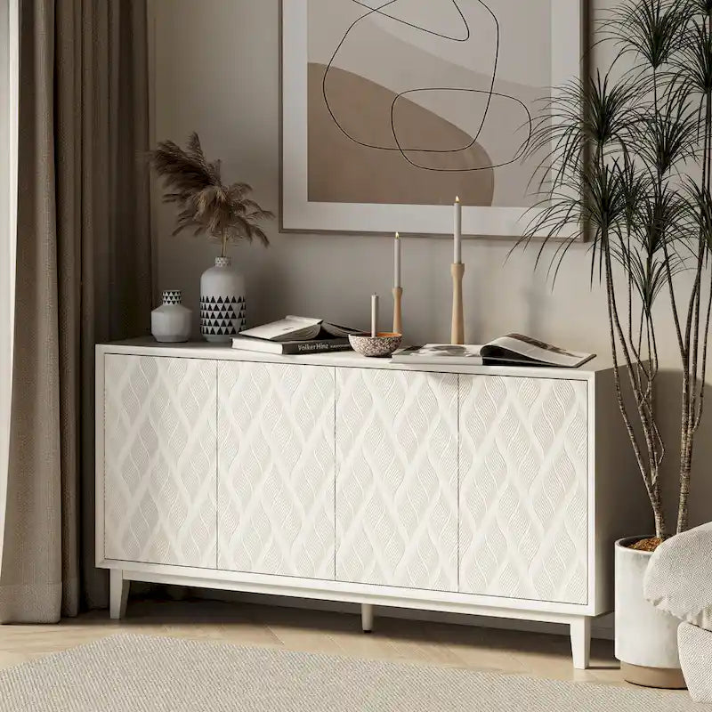 Modern 4 Doors Cabinet with 3D Curved Motif and Push Latch, TV Stand, Sideboard Buffet Cabinet