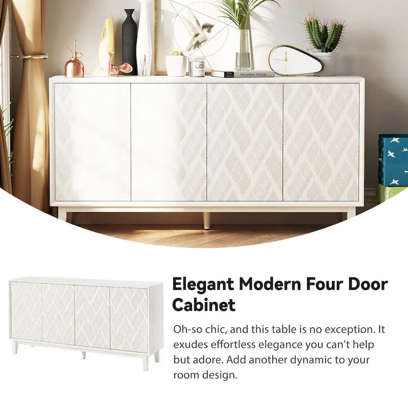 Modern 4 Doors Cabinet with 3D Curved Motif and Push Latch, TV Stand, Sideboard Buffet Cabinet