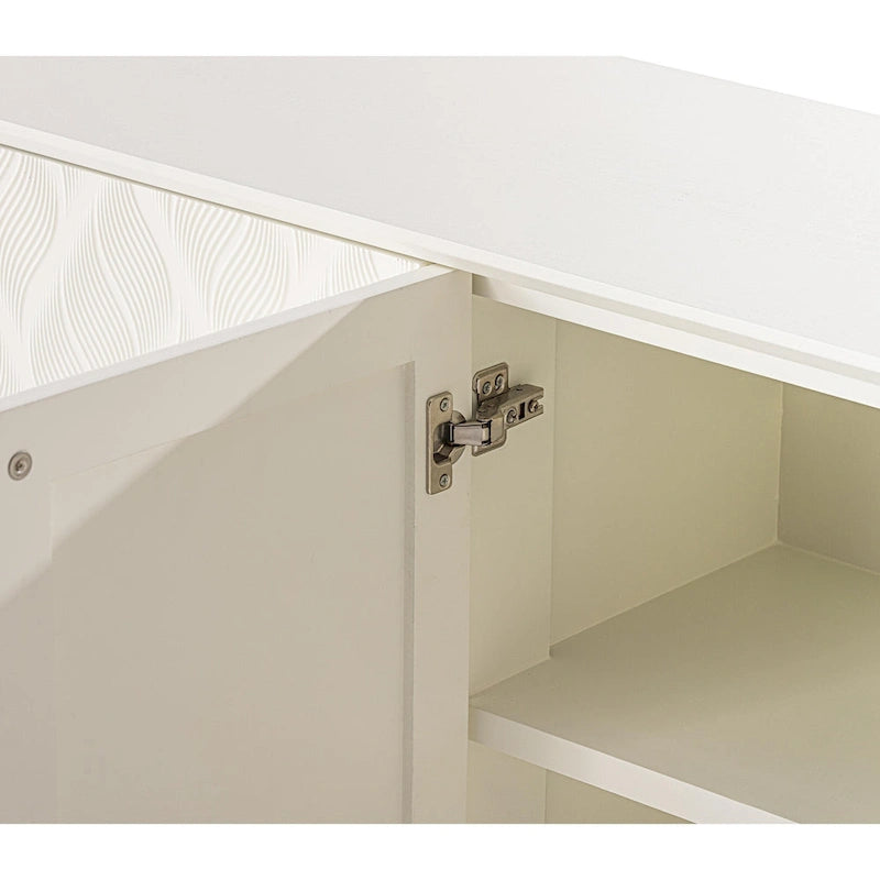 Bahut moderne à quatre portes avec motif incurvé 3D et fermetures à bouton-poussoir.