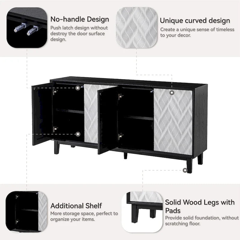 Bahut moderne à quatre portes avec motif incurvé 3D et fermetures à bouton-poussoir.