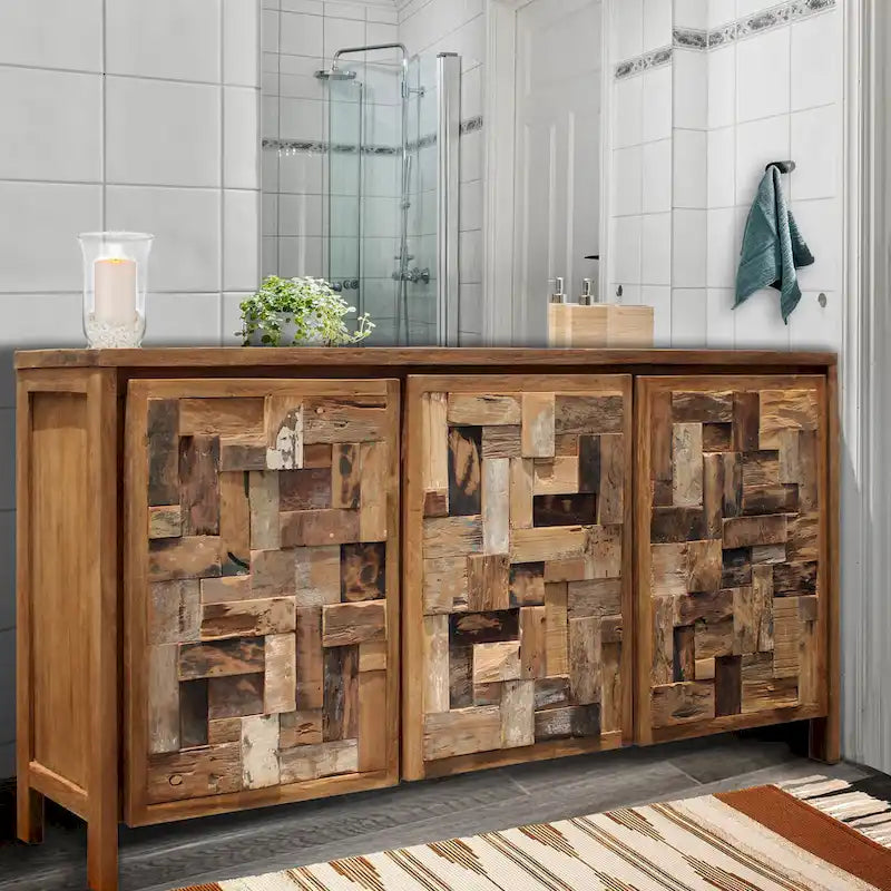 Recycled Teak Wood Bathroom Linen Cabinet with 3 Doors