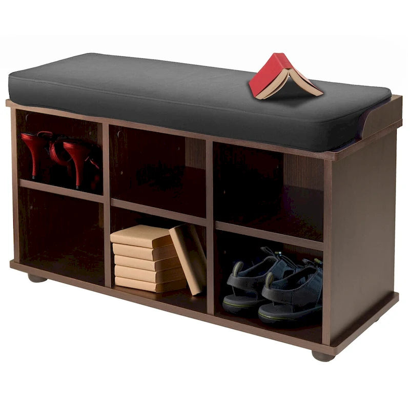 Banc de rangement avec coussin d'assise, espresso et noir - 33,7 x 12,52 x 19,17 pouces