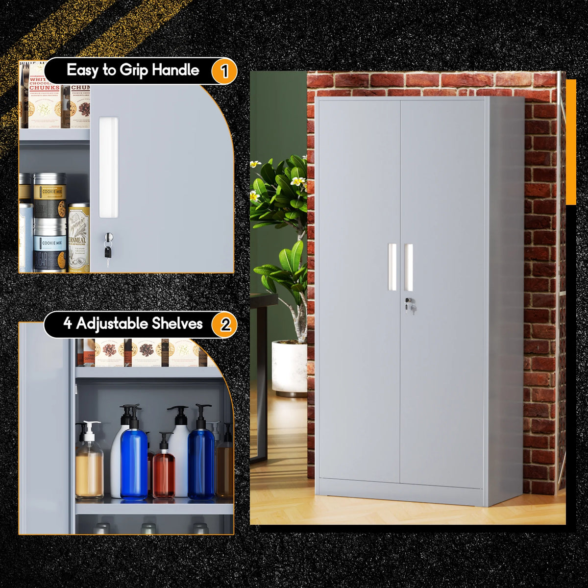 SOLAURA 71 Armoire de rangement métallique pour garage avec portes verrouillables et étagères réglables pour maison, bureau (Noir)