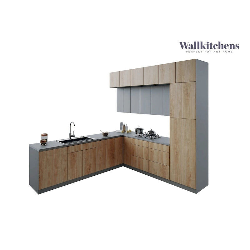 Cuisine en teck naturel et base noire, taille 9 pieds de large - 108x24
