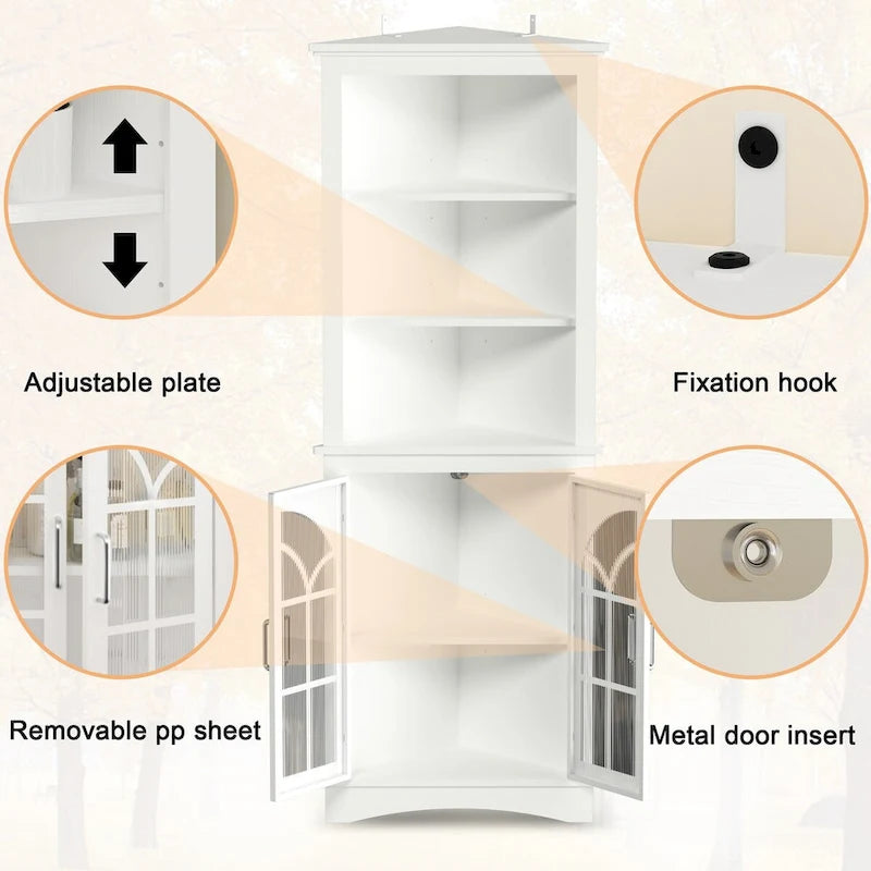 Corner Storage Cabinet,63.3 Tall Freestanding Bookcase with Doors & Adjustable Shelves,5-Tier Corner Display Cabinet