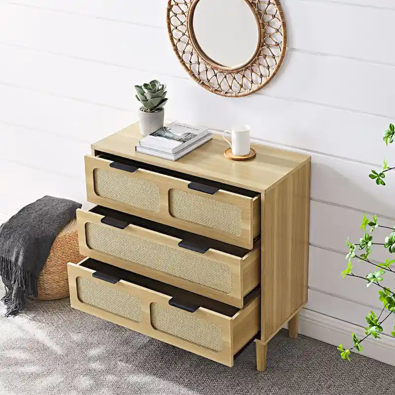 3 drawer dresser, modern rattan dresser cabinet with wide drawers and metal handles, farmhouse wooden storage chest of drawer