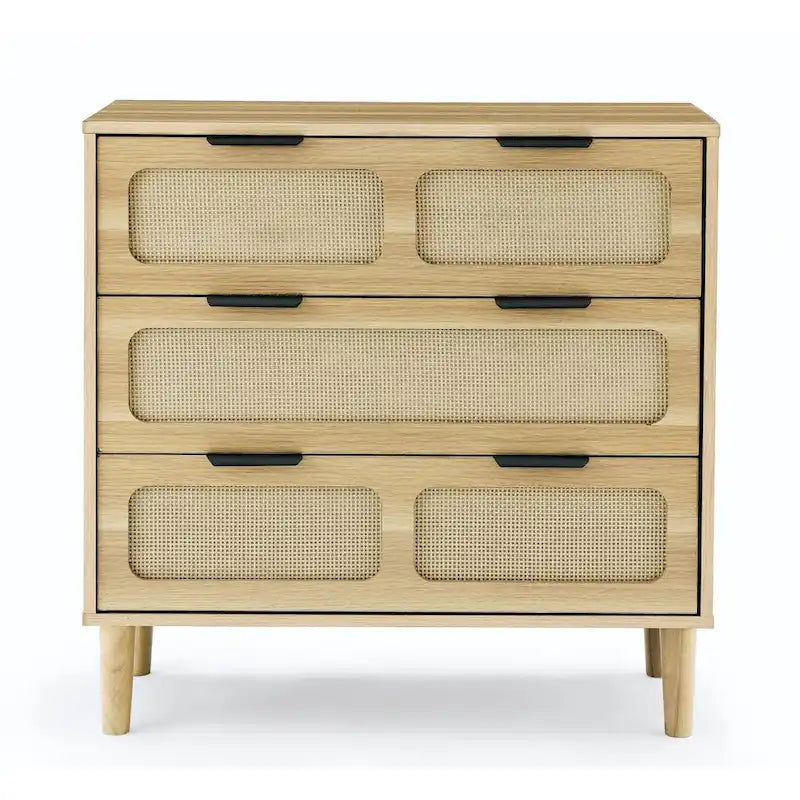 3 drawer dresser, modern rattan dresser cabinet with wide drawers and metal handles, farmhouse wooden storage chest of drawer