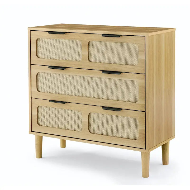 3 drawer dresser, modern rattan dresser cabinet with wide drawers and metal handles, farmhouse wooden storage chest of drawer