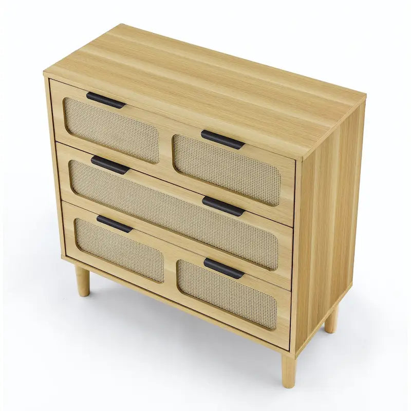 3 drawer dresser, modern rattan dresser cabinet with wide drawers and metal handles, farmhouse wooden storage chest of drawer