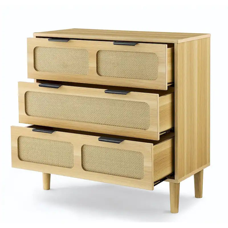3 drawer dresser, modern rattan dresser cabinet with wide drawers and metal handles, farmhouse wooden storage chest of drawer