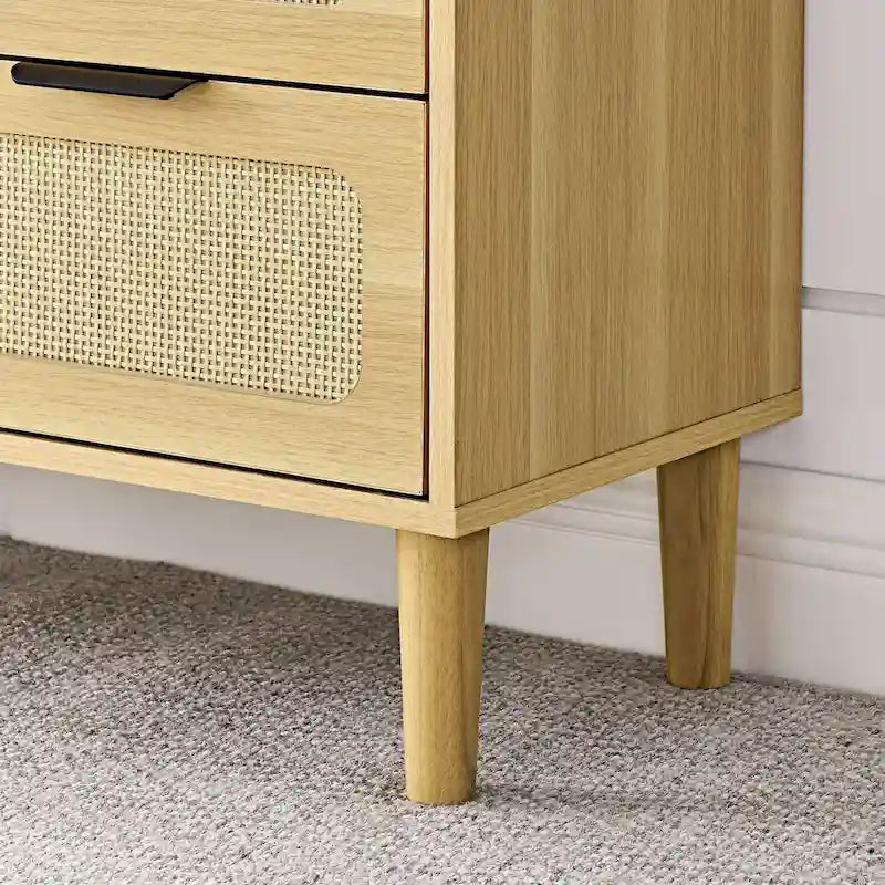 3 drawer dresser, modern rattan dresser cabinet with wide drawers and metal handles, farmhouse wooden storage chest of drawer