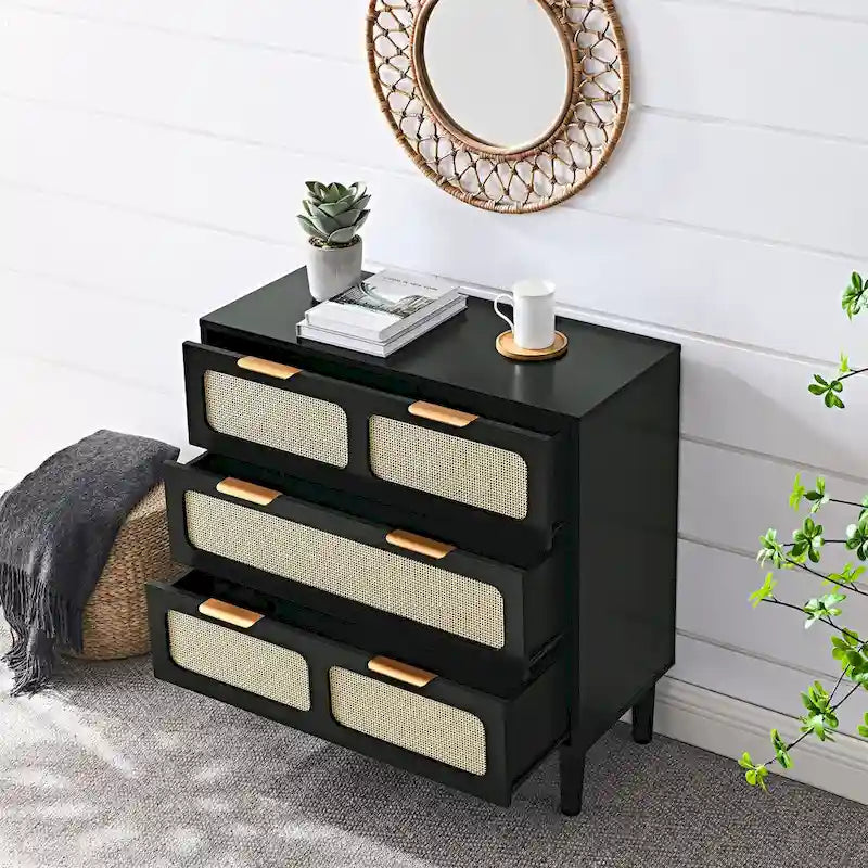 3 drawer dresser, modern rattan dresser cabinet with wide drawers and metal handles, farmhouse wooden storage chest of drawer