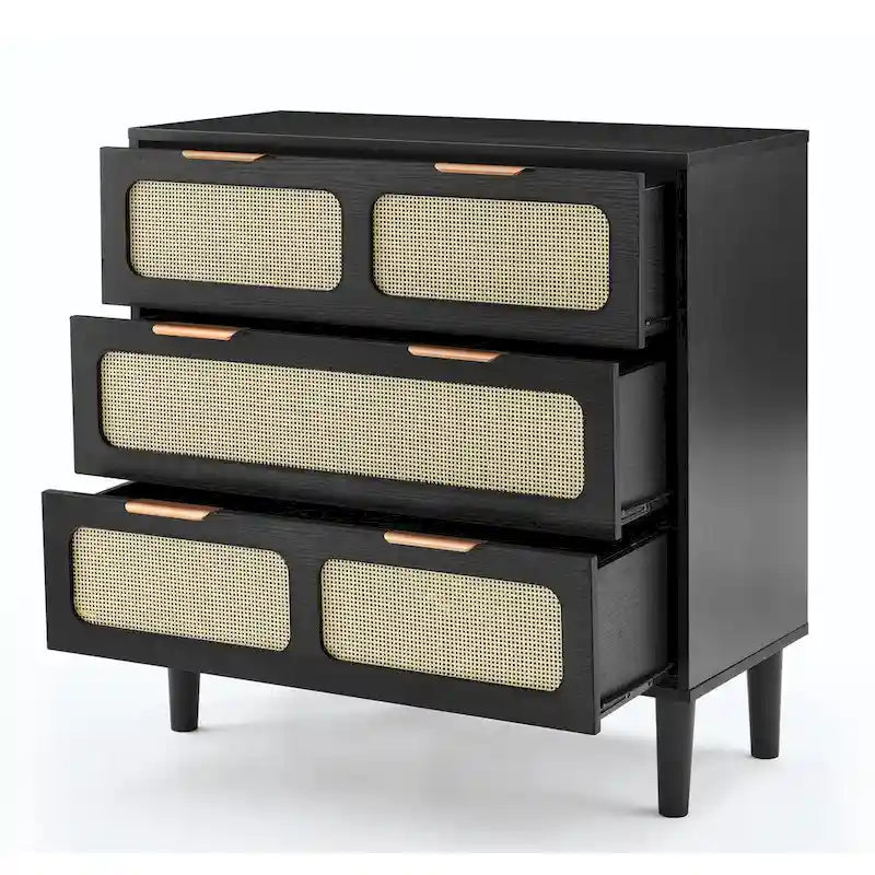 3 drawer dresser, modern rattan dresser cabinet with wide drawers and metal handles, farmhouse wooden storage chest of drawer
